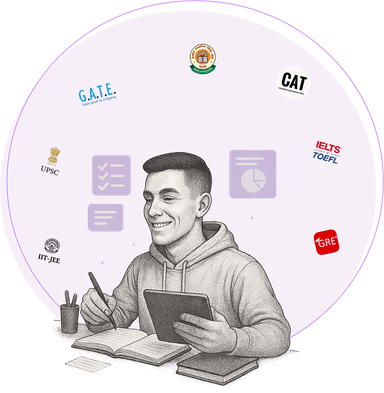 Student studying with exam preparation materials including GATE, CAT, IELTS, TOEFL, GRE, UPSC, and IIT-JEE