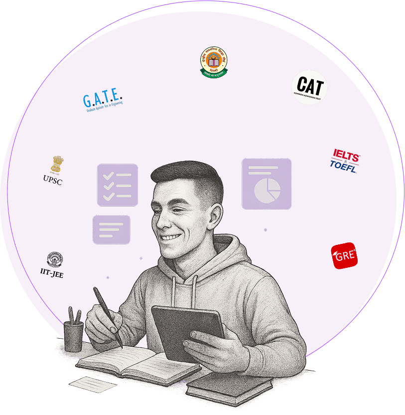 Student studying with exam preparation materials including GATE, CAT, IELTS, TOEFL, GRE, UPSC, and IIT-JEE